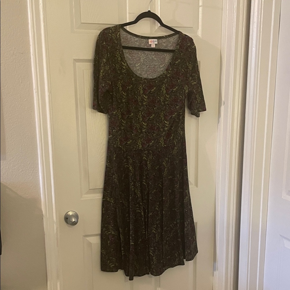 LuLaRoe Olive and Burgundy Floral Midi Dress